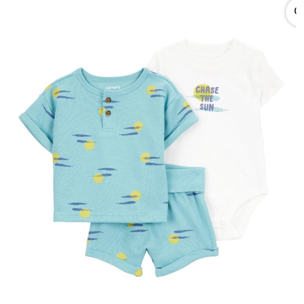 Carter’s Baby Boys 3Pc Outfit Set 18M Sun Print Shirt Shorts Bodysuit NEW